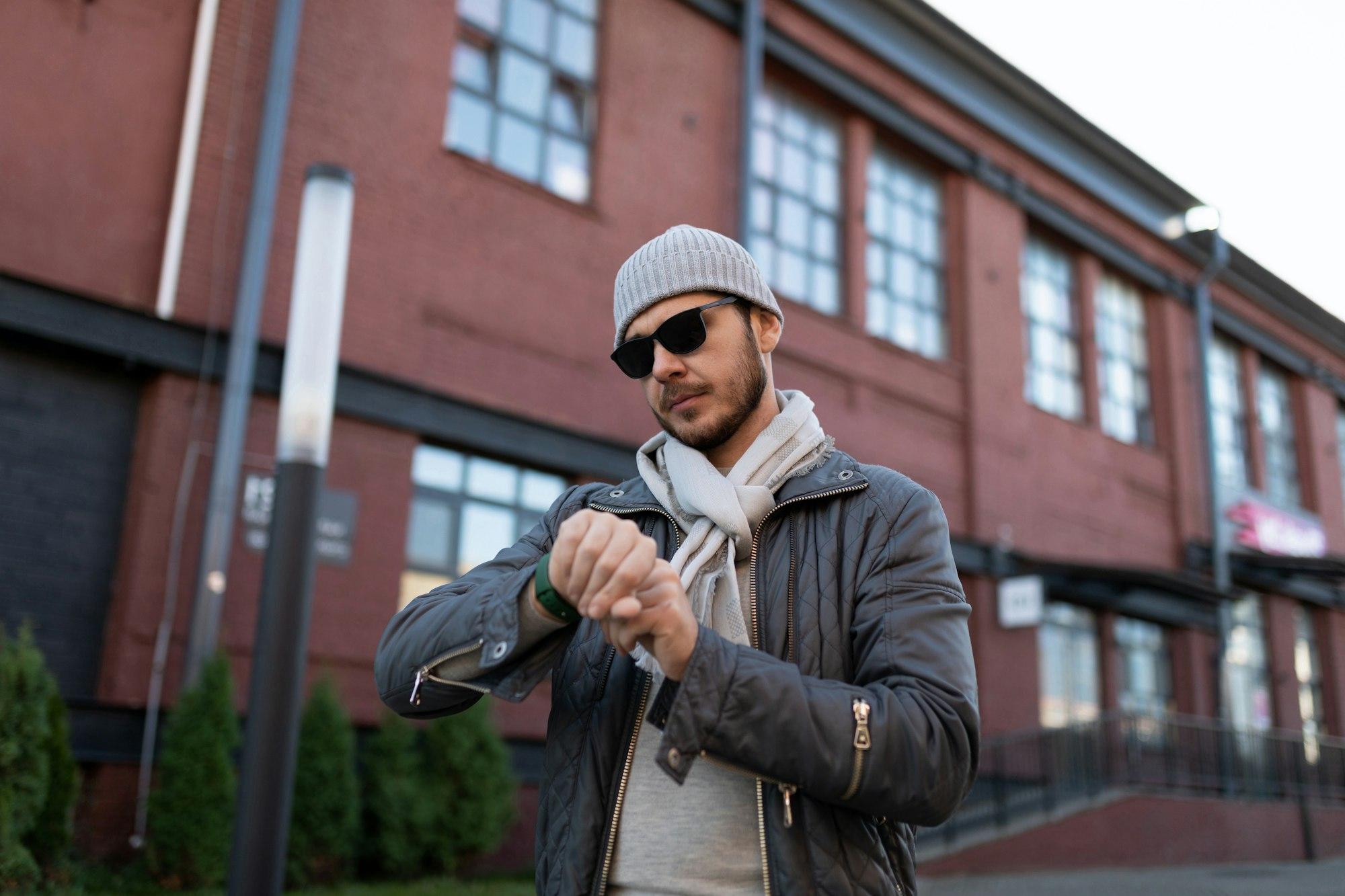 strong man on the street looking at his watch